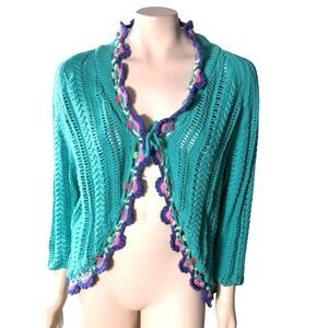 Relativity Teal Crochet Knit Cardigan Open Front Boho Tie Sweater Cottagecore